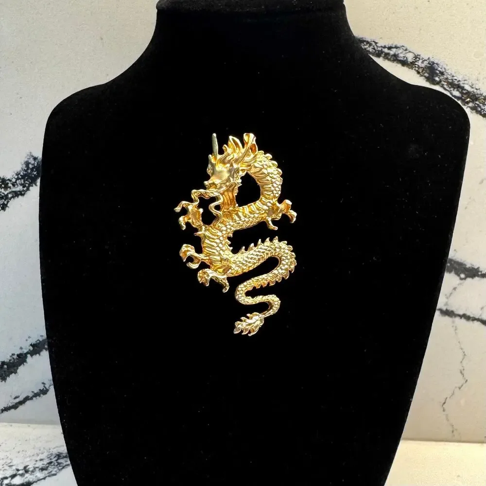 Gold Tone Chinese Style Dragon Statement Brooch